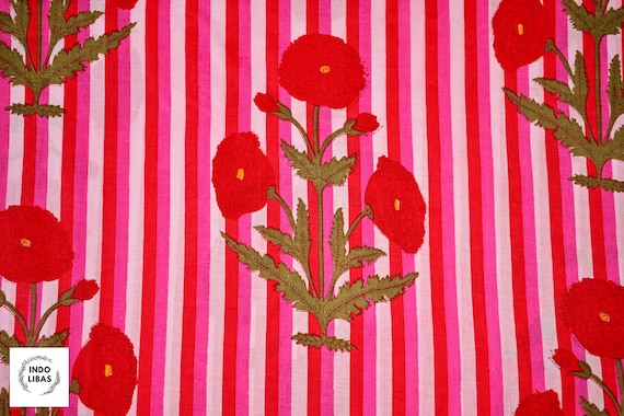 Red & Pink Stripe Cotton Fabric: Hand Block Print Quilting, Upholstery