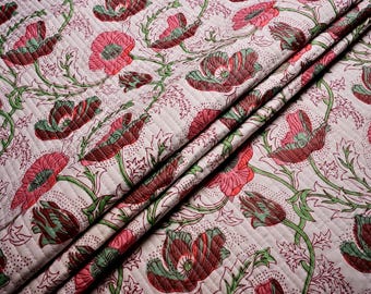 Gesteppter Blockprint-Baumwollstoff: Florales Muster, 44 Zoll