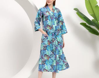 Blue Floral Cotton Dressing Gown Robe for Women