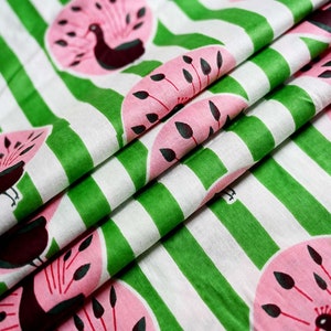 Green and White Striped Cotton Fabric: Hand Block Printed, 44&quot; Wide