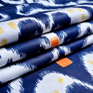 Blue Ikat Cotton Fabric: Indian Block Print By The Yard