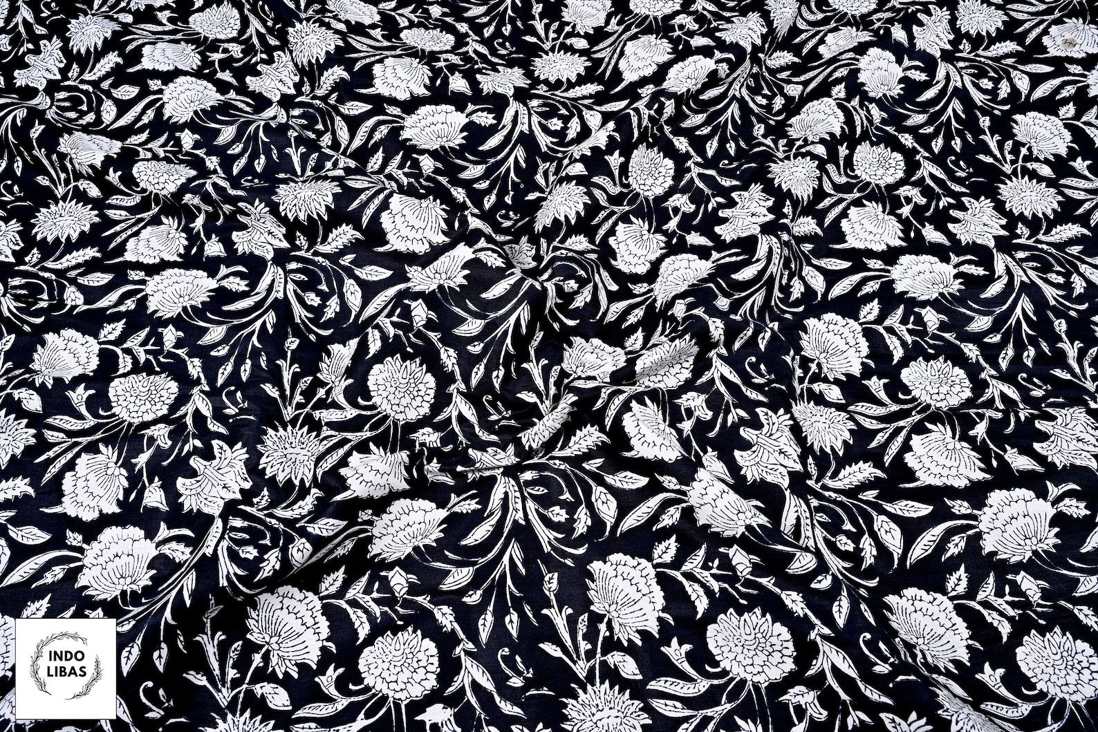 Black - Cotton Hand Block Sanganeri Print Fabric 36