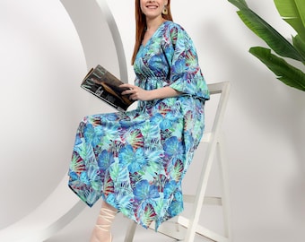 Blue Floral Kaftan Indian Cotton Dress for Women
