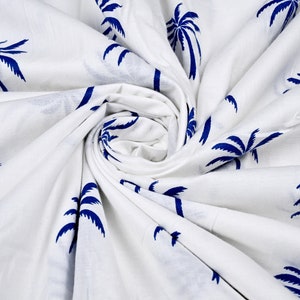 Hand Block Palmen Print Stoff - Blau und Weiß - Strand Sommer Baumwolle Stoff Meterware