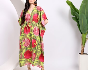 Abito caftano in cotone con stampa melograno: abbigliamento maxi indiano