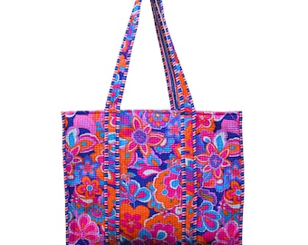 Quilted Floral Tote Bag, Orange Blue Cotton Shoulder Purse