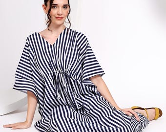 Abito caftano in cotone con stampa a blocchi di mano: kimono boho