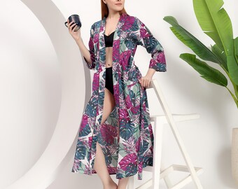 Botanical Print Kimono Bathrobe Curved Dress