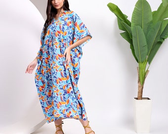 Sky Blue Cotton Kaftan Dress: Hand Block Print Hawaiian Caftan