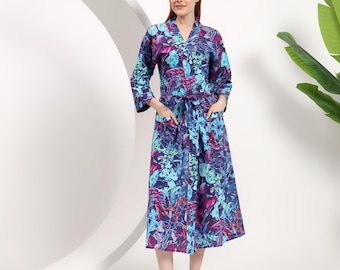 Blue Floral Cotton Kimono Bathrobe for Women | Plus Size
