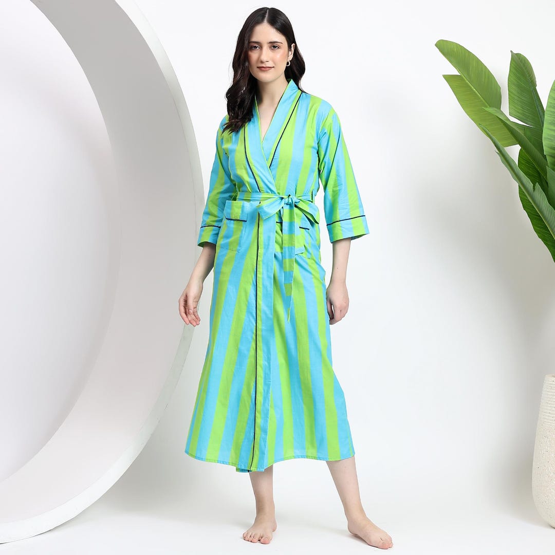 Indian Block Print Cotton Kimono Robe: Striped Kaftan, Bridal Robe - Etsy