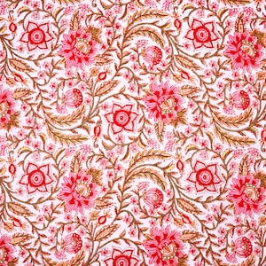 Pink Floral Block Print Fabric: Indian Cotton for Quilting & Upholstery