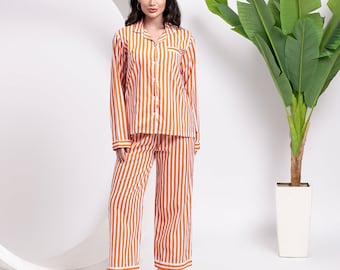 Conjunto de pijama de algodón a rayas naranjas: pijama de manga larga para mujer