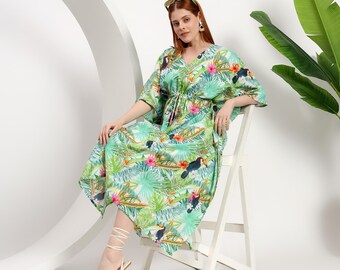 Tropical Bird Kaftan Beach Dress | Plus Size Cotton