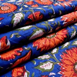 Blue Floral Block Print Cotton Fabric - 44&quot; Wide