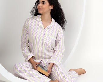 Women's Striped PJ Sets • Woven Cotton Blend Loungewear Pjs