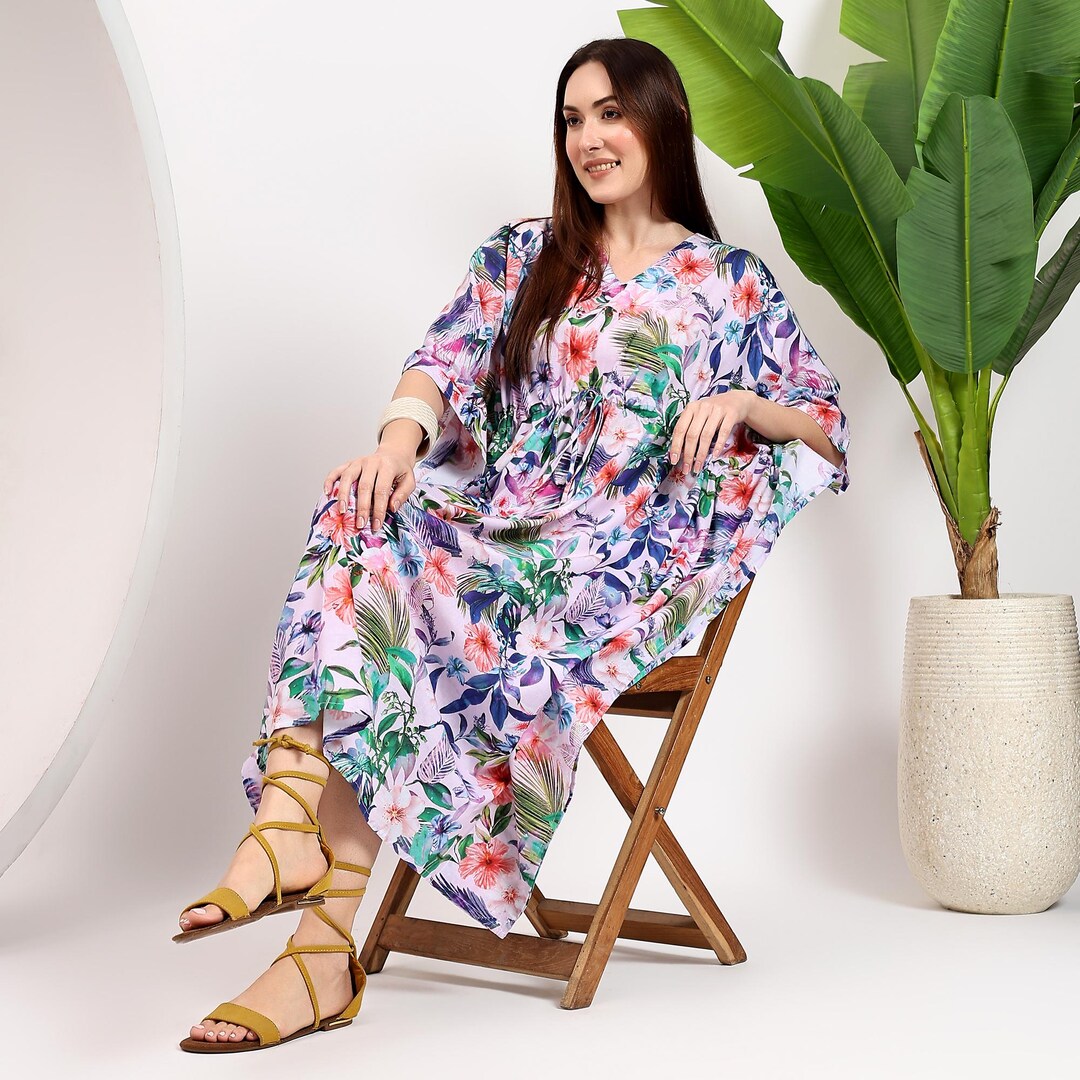 パーティードレス Floral Cotton Printed Midi Kaftan Dress Floral Hand Block Print Soft Cotton Summer Dress, Kyra Midi