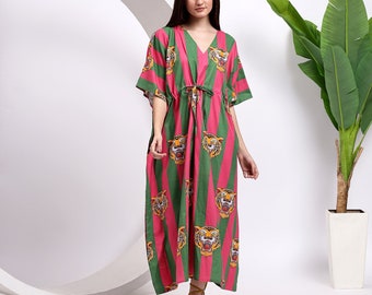 Caftano in cotone boho: abito lungo con stampa tigre