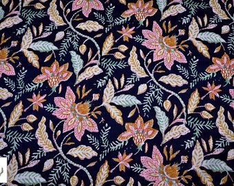 Black Floral Hand Block Print Cotton Voile Fabric By The Yard