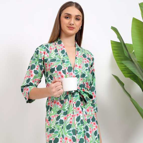 indolibas Handmade Cotton Kimono Robe: Floral Print Ladies Dressing Gown