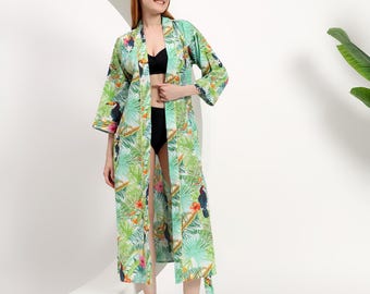 Green Tropical Bird Kimono Robe Cotton | Plus Size