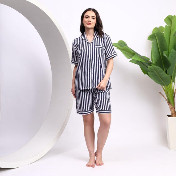 Cotton Stripe Shirt Dress Pajamas Shorts Indigo White Pj Set With Pockets Comfy Sleepwear Lounge Wear Set Pj Shorts Homewear Etsy Canada