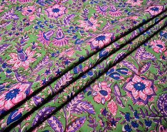 Green Floral Fabric by the Yard: Hand Block Print Cotton, Indian Style