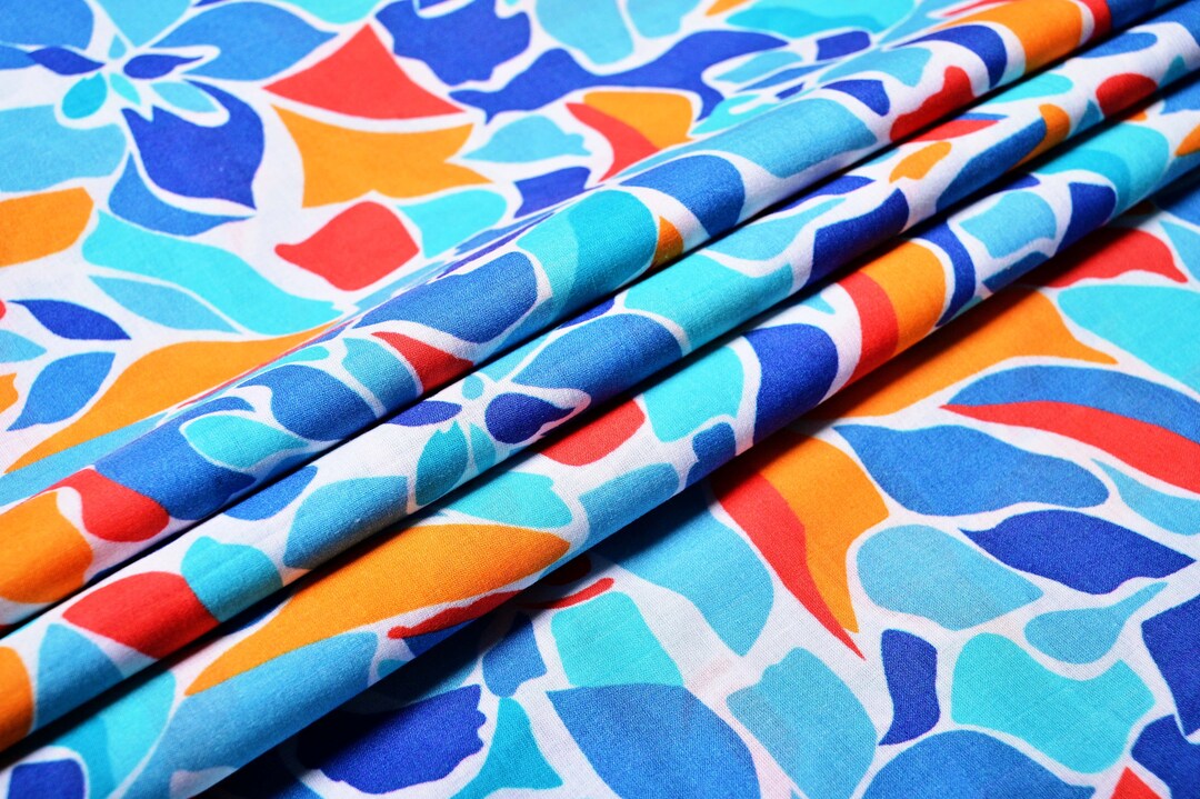 Blue Abstract Block Print Cotton Fabric: Boho Style, 42