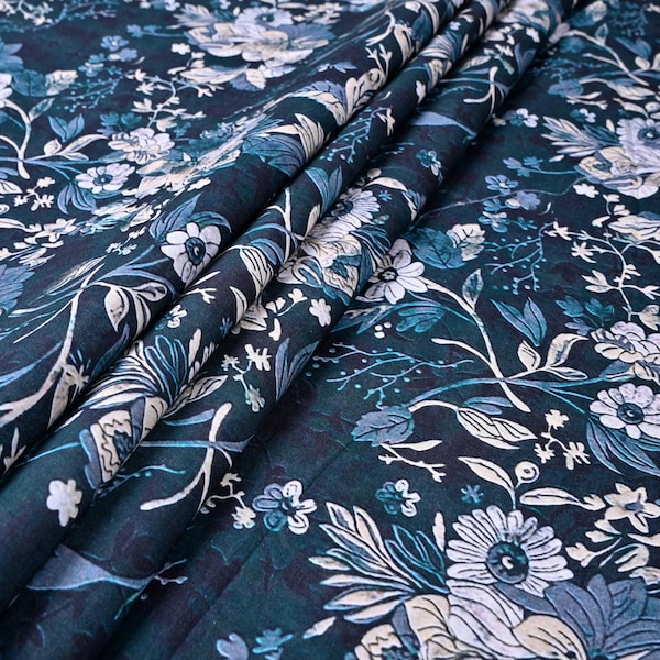 Midnight Blossom: Indian Bagru Jaipur Dark Blue Print Cotton Fabric For New Collection Style