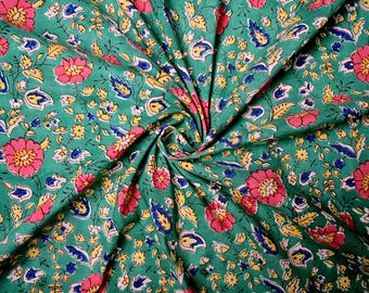 Teal Floral Cotton Fabric: Hand Block Print Indian Dress Material