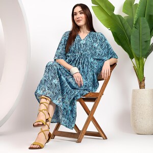 Caftán de algodón con estampado de bloques indio: vestido largo bohemio con estampado animal