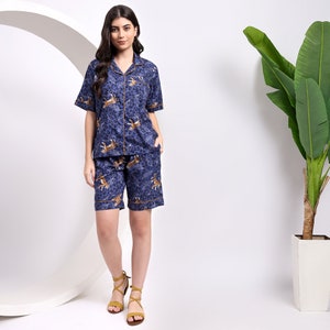 Women's Pajama Set Pj Shorts Summer Blue Loungewear Shorts With Tiger Print Cotton Pajamas Short Nightsuit Home Wear Shirts Blue Color Pjs