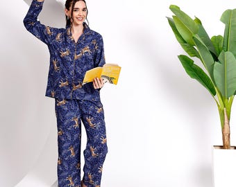 Organic Cotton Pajama Set: Women's Blue Tiger Print Loungewear