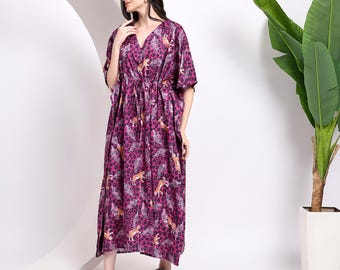 Handmade Cotton Leopard Print Caftan Dress: Minimalist Women's Clothing