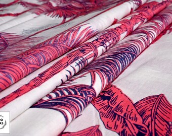 Indian Block Print Cotton Fabric: Tropical Palm Tree, Pink Floral
