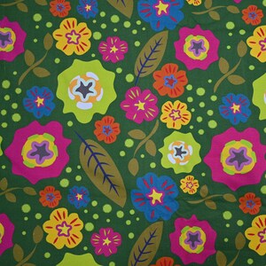 May include: A vibrant floral pattern featuring colorful flowers in shades of pink, yellow, blue, and orange against a dark green background. The design includes leaves and small green dots, creating a lively and cheerful aesthetic. This fabric is suitable for various craft projects.