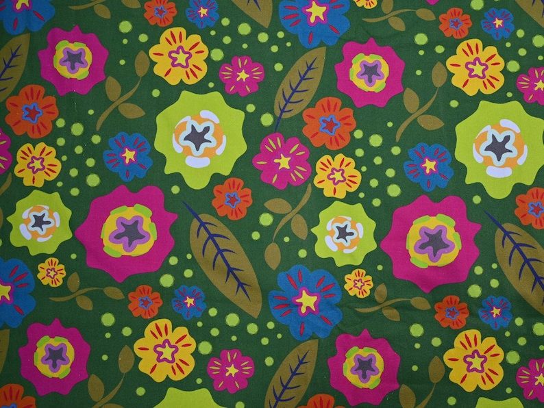 May include: A vibrant floral pattern featuring colorful flowers in shades of pink, yellow, blue, and orange against a dark green background. The design includes leaves and small green dots, creating a lively and cheerful aesthetic. This fabric is suitable for various craft projects.