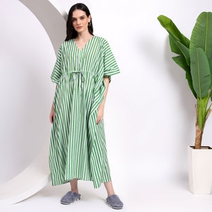 Green Striped Kaftan Plus Size Nightgown Robes for Women Indian Cotton Dress Beachwear Kaftan Resort Wear Vacation Dress Maxi
