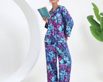 Blue Floral Pajama Sets for Women