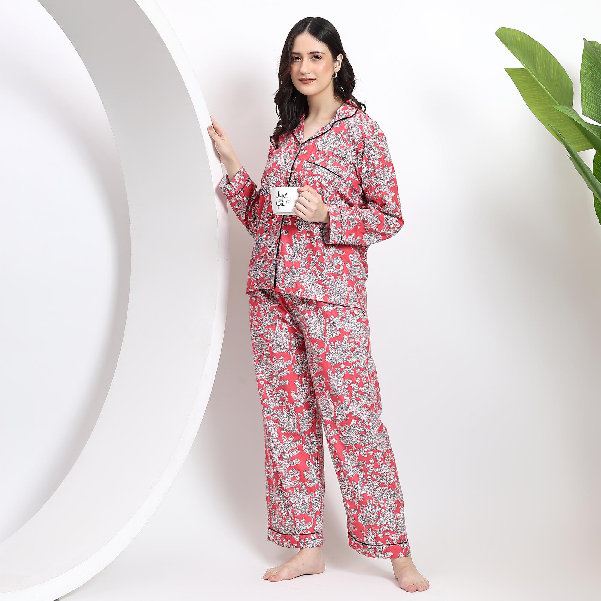 Carmine Floral Women's Pyjamas Cotton Block Print Long/Short Pyjamas Indian Print Loungewear Set Unique Gift Wrapped Pyjamas Christmas Gift