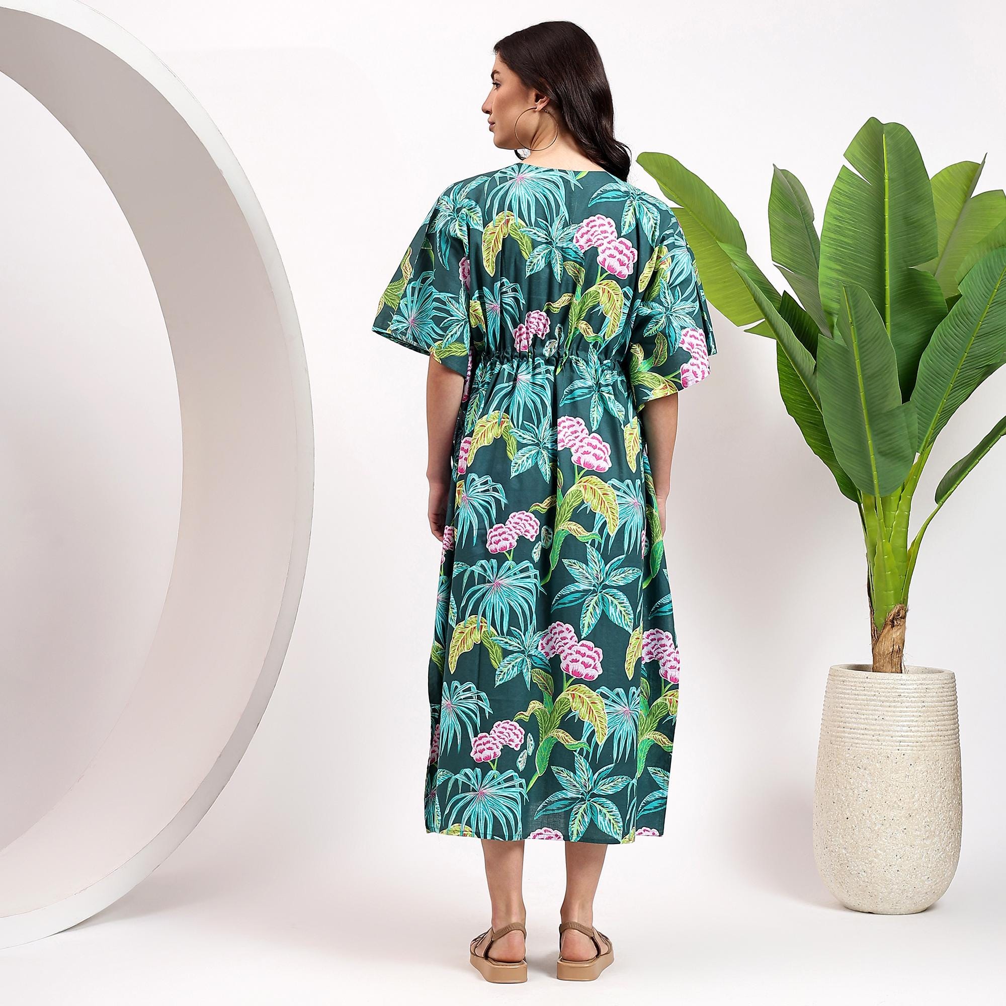thumbnail image 2 of Women's Plus Size Boho Caftan Kaftan – Handmade Cotton Maxi Dress With Kimono Sleeves, Hippie Style, 4X 2 of 3