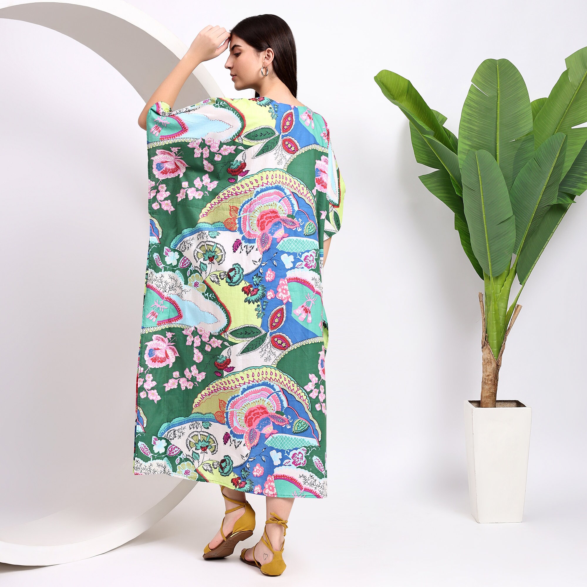 Cashew Flower Silk Caftan Women Vneck Beach Cover Up Caftans Kaftan For Women Loose Plus Size