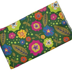 May include: A rectangular fabric with a vibrant floral pattern. The design features colorful flowers in shades of pink, yellow, blue, and orange, set against a dark green background. Brown stems and leaves complete the botanical theme.
