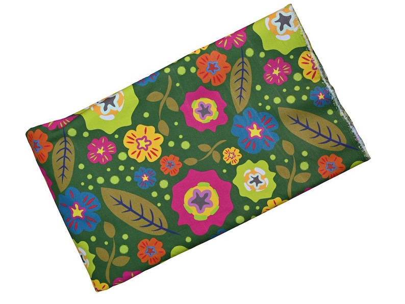 May include: A rectangular fabric with a vibrant floral pattern. The design features colorful flowers in shades of pink, yellow, blue, and orange, set against a dark green background. Brown stems and leaves complete the botanical theme.