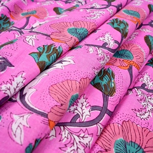 Pink Floral Block Print Cotton Fabric By The Yard