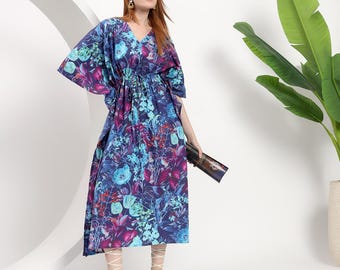 Blue Floral Moroccan Kaftan Cotton Dress for Women