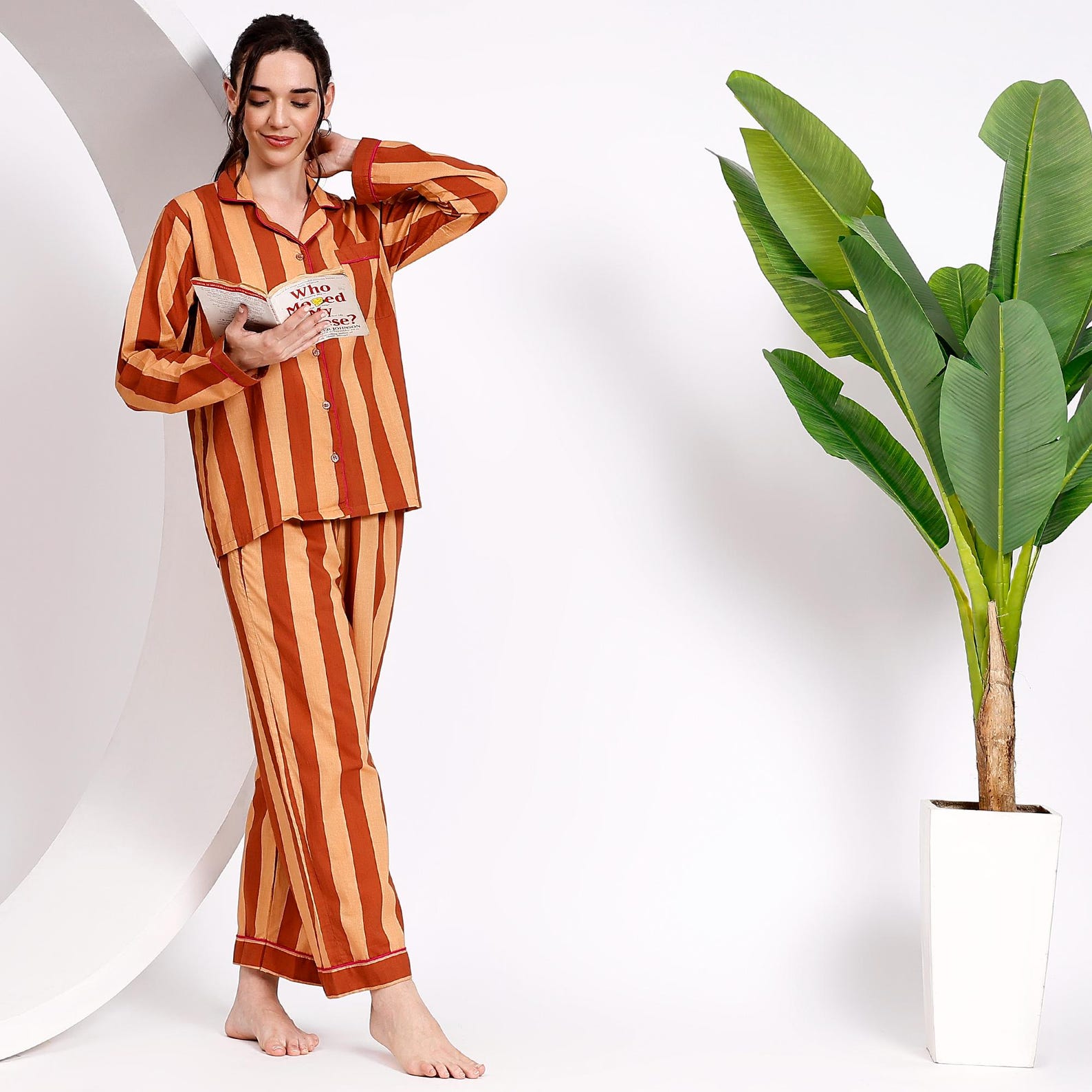 Cotton Block print Pyjamas Short  ; Black And White Stripy Orange