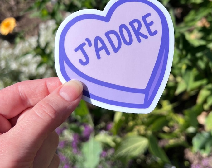 Sticker: "J'adore" ~ I love in French ~ Purple Conversation Candy Heart ~ Waterproof, Bumper, Laptop, Decal, Gift