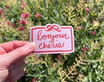 Sticker: "Bonjour chérie" ~ Hello dear in French ~ Aesthetic Pink and Red w/ Bow ~ Hand Lettering ~ France, Paris, Traveler, Decal, Vinyl