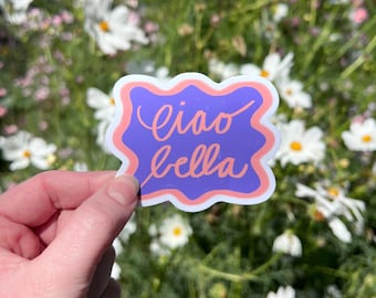 Sticker: "Ciao bella" ~ Hi beautiful in Italian ~ Soft Pink & Blue w/ Squiggle Frame ~ Aesthetic Hand Lettering ~ Italy, Decal, Vinyl